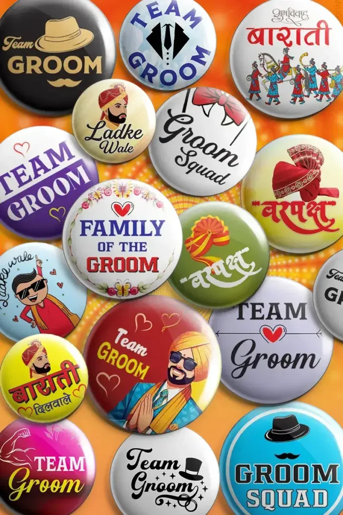 PREMIUM QUALITY BUTTON BADGES FOR WEDDING THEME BASED FAMILY NAME